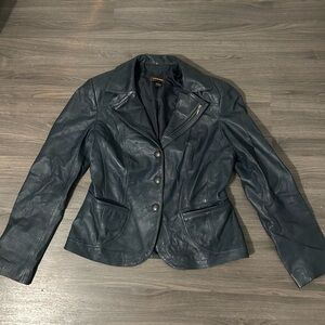 Danier Genuine Leather Teal Green Blue Leather Jacker Metal Buttons with Pockets